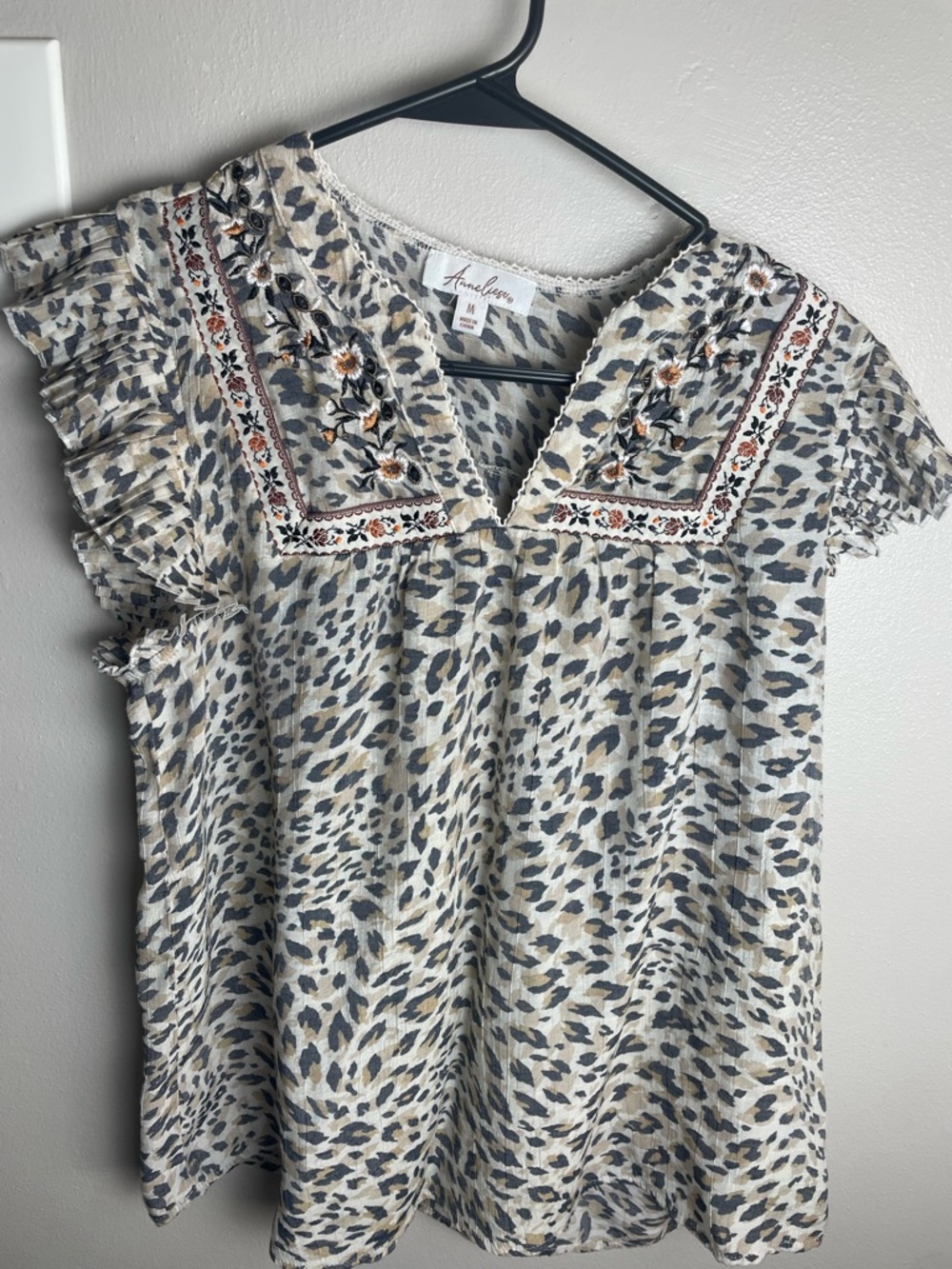 Leopard Print Embroidered V-Neck Blouse